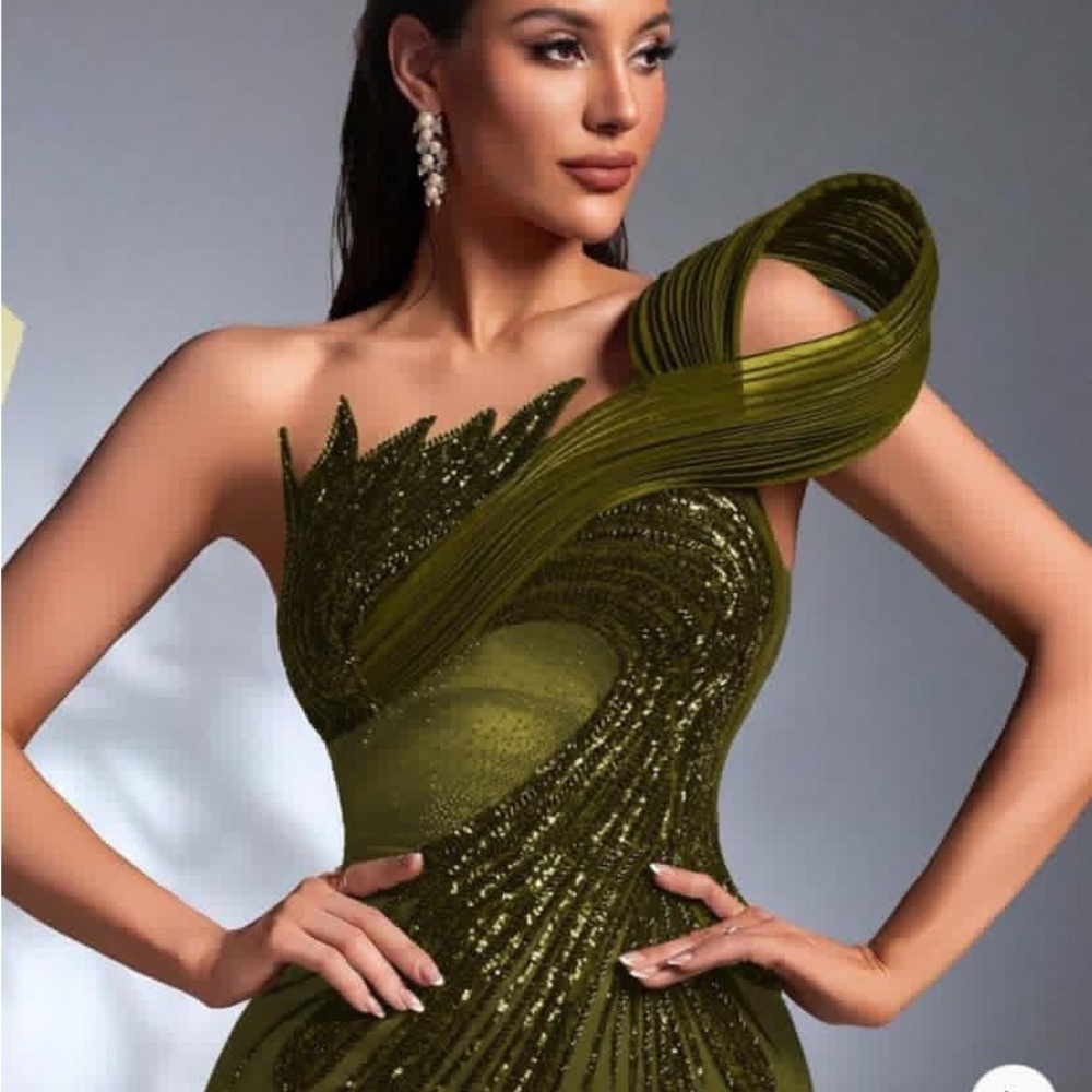 SHEIN Olive Green Sequin One-Shoulder Dress